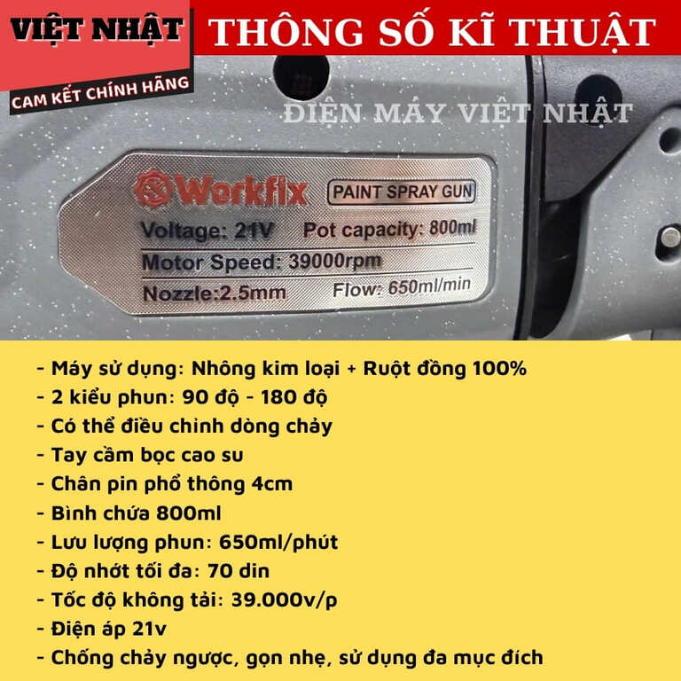 Máy Phun Sơn WORKFIX SG800ML , Đầu Béc 2.5mm, Bình Chứa 800ml Kèm Cốc Đo Độ Nhớt Kim Vệ Sinh 4 20