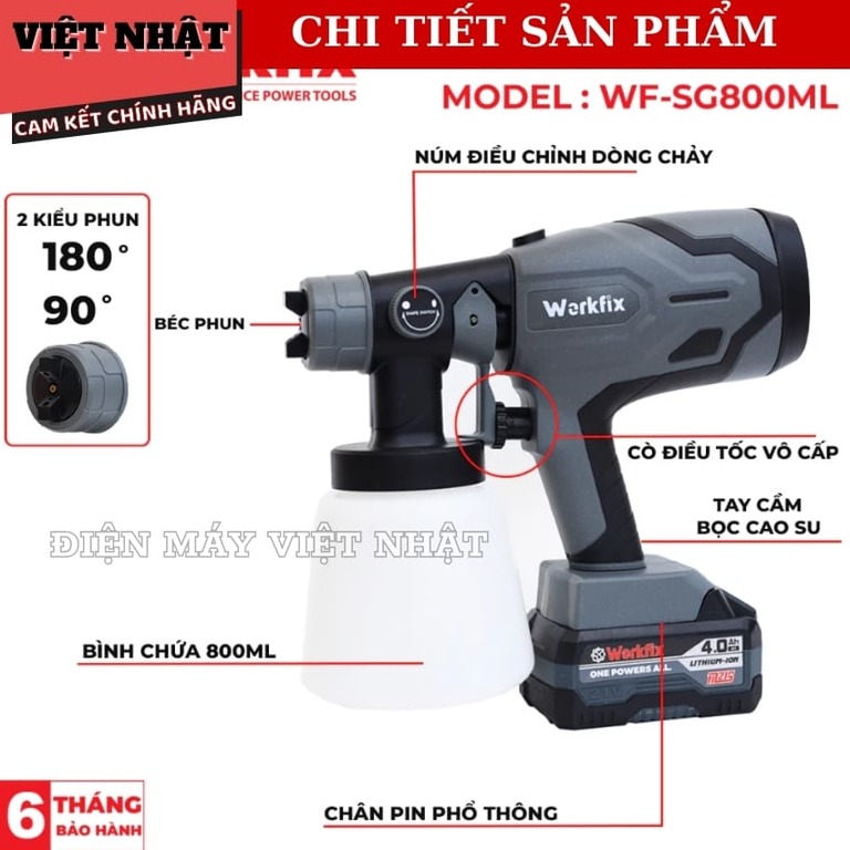 Máy Phun Sơn WORKFIX SG800ML , Đầu Béc 2.5mm, Bình Chứa 800ml Kèm Cốc Đo Độ Nhớt Kim Vệ Sinh 6 20