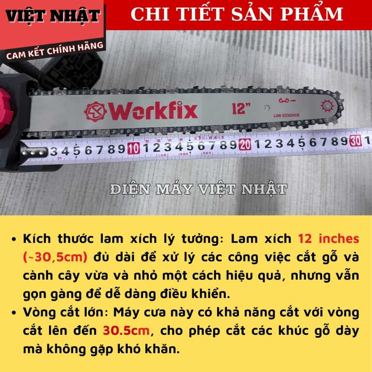 Máy cưa xích 12inch Workfix CS120CP bơm nhớt tự động, cắt tối đa 30.5cm, tốc độ tải 3600v/p, tăng xích thông minh, bảo hành 6 tháng 6