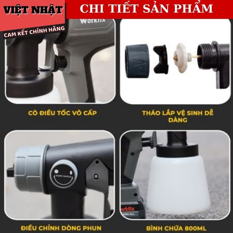 Máy Phun Sơn WORKFIX SG800ML , Đầu Béc 2.5mm, Bình Chứa 800ml Kèm Cốc Đo Độ Nhớt Kim Vệ Sinh 8 20