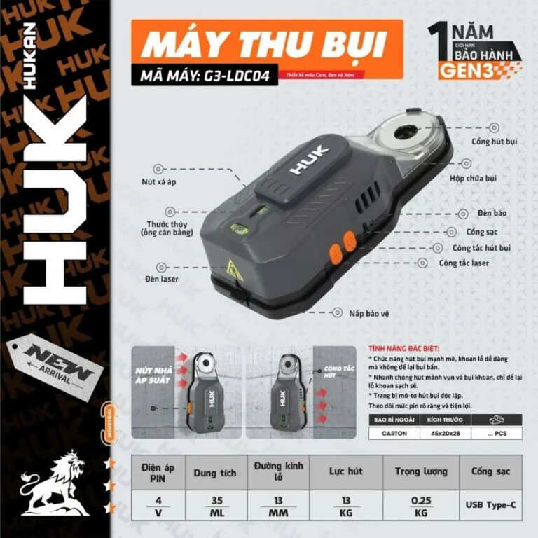 Máy thu bụi Hukan G3-LDC04 lực hút đến 13kg, đường kính lỗ 13mm, dung tích 35ml, bảo hành 12 tháng 8 3