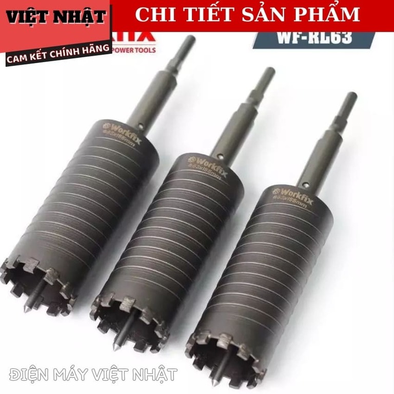 Mũi rút lõi Workfix WF-RL63 kích thước 63x155mm, me kim cương khoan ngọt siêu bền, đầu định tâm giúp khoan chính xác 9 15