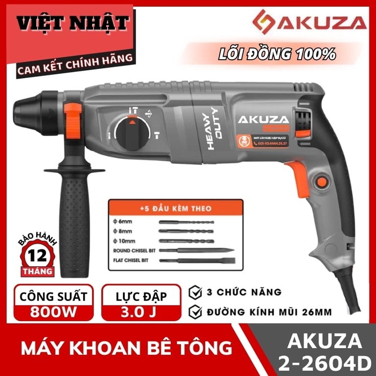 Máy khoan bê tông Akuza 2-2604D 3 chức năng, công suất 800w, lực đập 3J, đường kính mũi 26mm, bảo hành 12 tháng 2 2604D 1