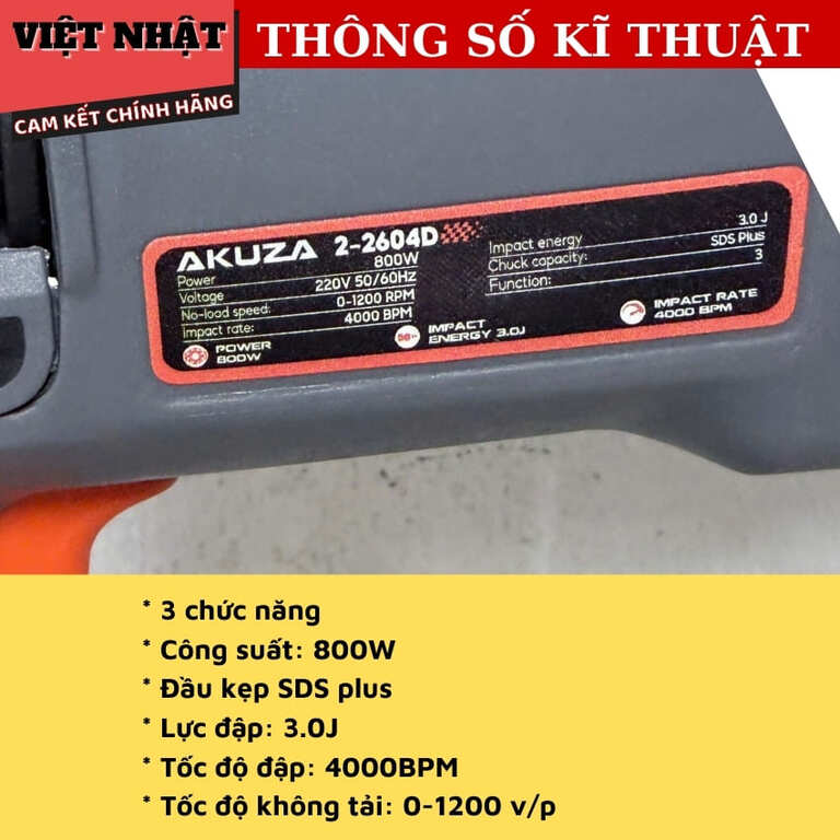 Máy khoan bê tông Akuza 2-2604D 3 chức năng, công suất 800w, lực đập 3J, đường kính mũi 26mm, bảo hành 12 tháng 2 2604D 4