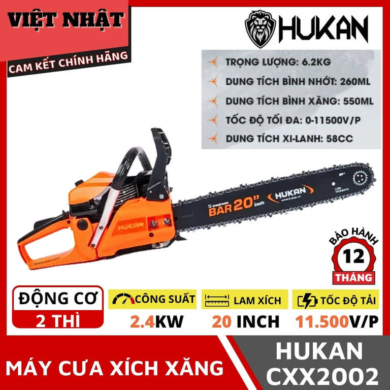 Máy cưa xích xăng Hukan CXX2002 bảo hành 12 tháng, công suất 2.4k.w, lam xích 20inch, tốc dộ tải 11.500v/p CXX2002 1