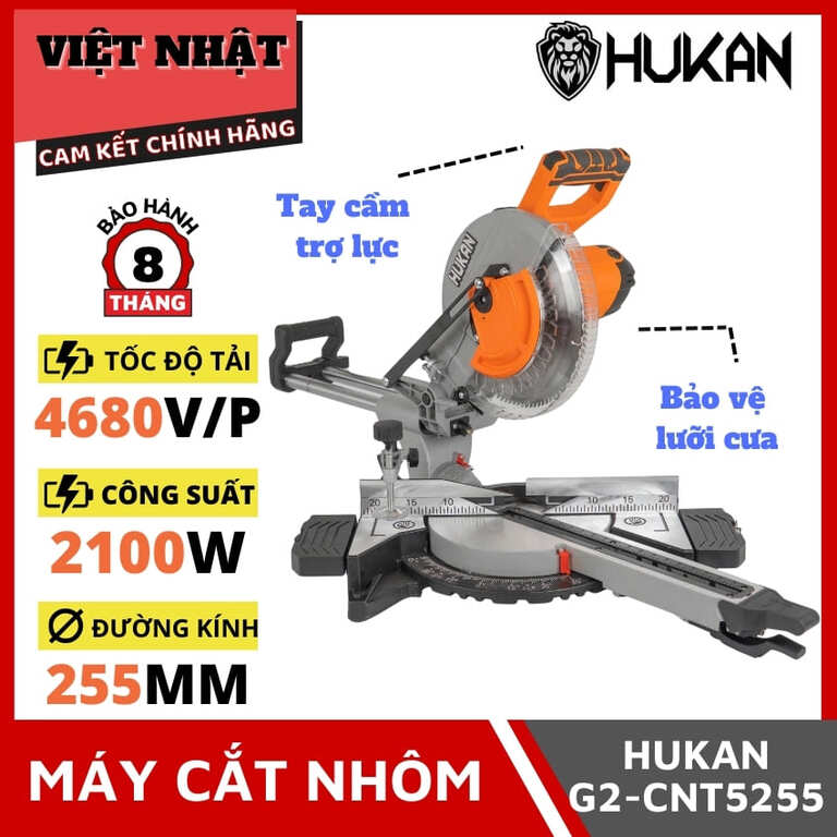 Máy cắt nhôm trượt Hukan G2-CNT 5255, công suất 2100w, tốc độ không tải 4680V/p, phạm vi nghiêng thân 45*, đường kính lưỡi 255mm, dây điện dài 5m, bảo hành 8 tháng. G2 CNT5255 1