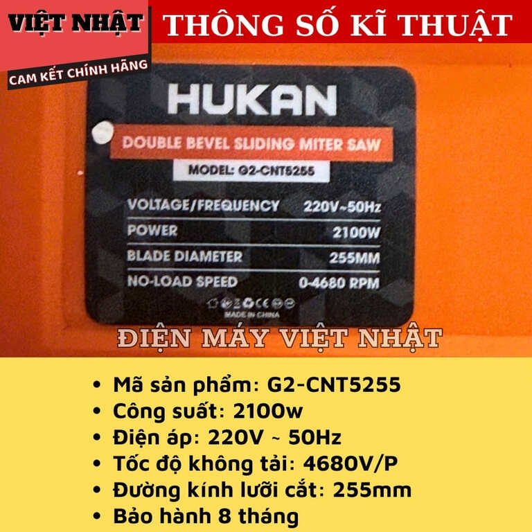 Máy cắt nhôm trượt Hukan G2-CNT 5255, công suất 2100w, tốc độ không tải 4680V/p, phạm vi nghiêng thân 45*, đường kính lưỡi 255mm, dây điện dài 5m, bảo hành 8 tháng. G2 CNT5255 4
