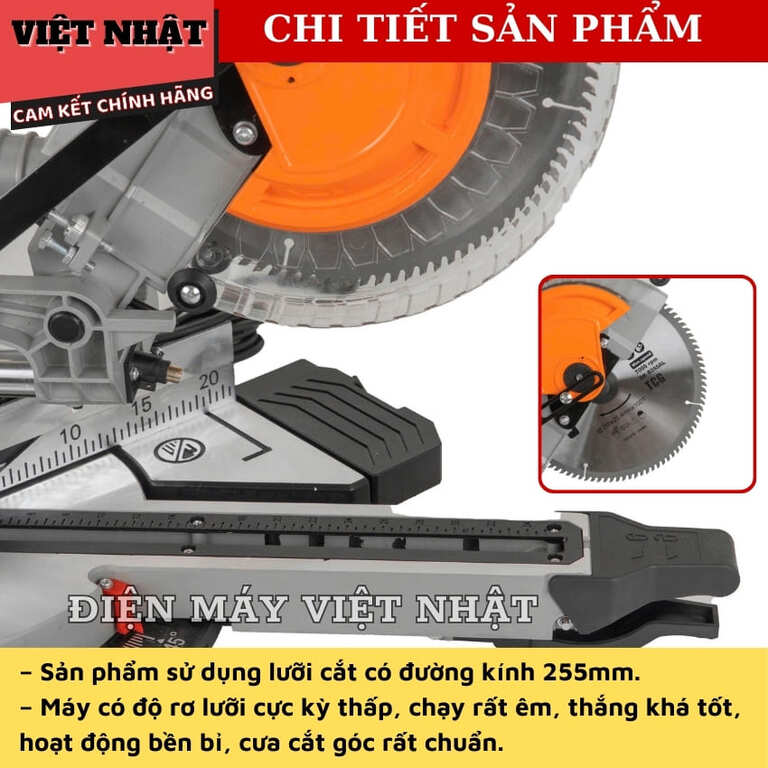 Máy cắt nhôm trượt Hukan G2-CNT 5255, công suất 2100w, tốc độ không tải 4680V/p, phạm vi nghiêng thân 45*, đường kính lưỡi 255mm, dây điện dài 5m, bảo hành 8 tháng. G2 CNT5255 8