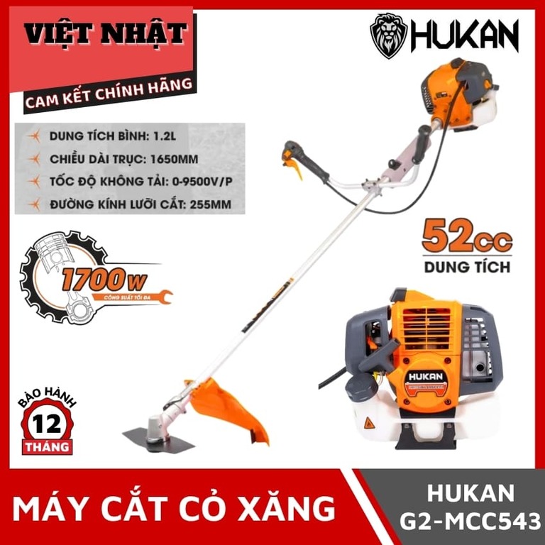 Máy cắt cỏ cầm tay chạy xăng Hukan G2-MCC543,Công suất tối đa, 1700W Dung tích xi lanh, 52cc Tốc độ không tải, 9500 vòng/phút Dung tích bình xăng, 1.2L Chiều dài trục, 1650mm, Đường kính lưỡi cắt 255mm G2 MCC543 1