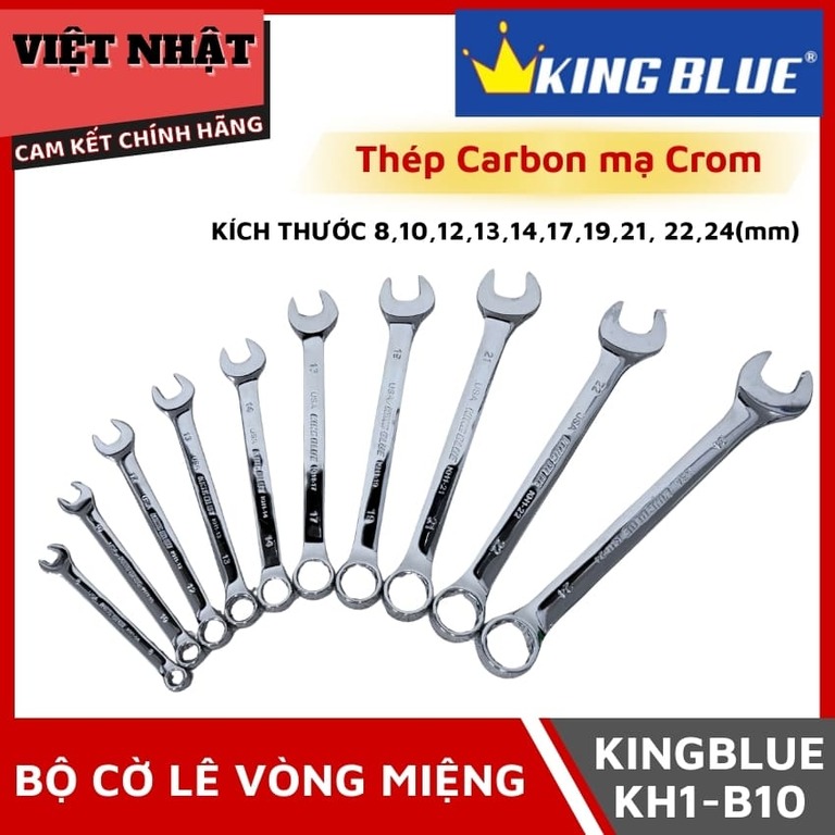 Bộ cờ lê vòng miệng Kingblue KH1-B10 đầy đủ kích thước 8, 10, 12, 13, 14, 17, 19, 21, 22, 24mm, sử dụng thép Carbon mạ Crom KH1 B10 1