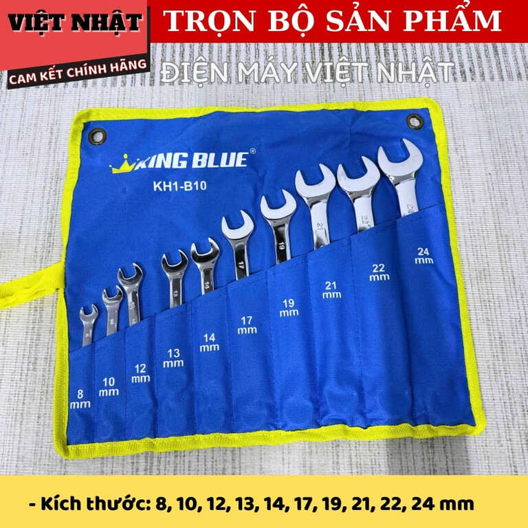 Bộ cờ lê vòng miệng Kingblue KH1-B10 đầy đủ kích thước 8, 10, 12, 13, 14, 17, 19, 21, 22, 24mm, sử dụng thép Carbon mạ Crom KH1 B10 3