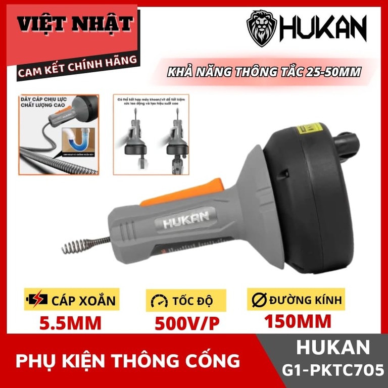 Phụ kiện thông cống Hukan G1-PKTC705,Khả năng thông tắc 25 – 50mm,Tốc độ hoạt động 500 vòng/phút,Cáp xoắn 7mm x 5.5m,Đường kính lô cuốn 150mm,Trọng lượng 1.2kg, hàng chính hãng PKTC705 1