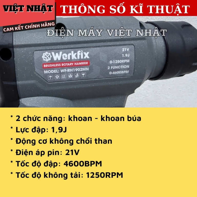 Máy khoan bê tông mini Workfix RH1902MN, lực đập 1.9J, tốc độ 1250v/p, bảo hành 12 tháng, 2 chức năng RH1902MN 4