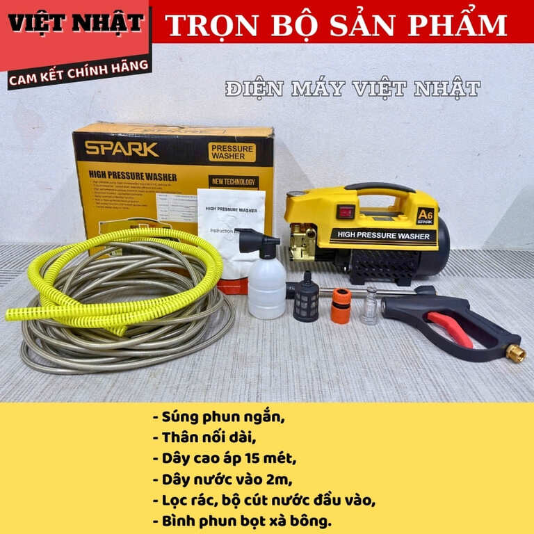 Máy rửa xe Spark A6 bảo hành 6 tháng, công suất 2300w, áp suất 130BAR, dây điện dài 15 mét a6 3