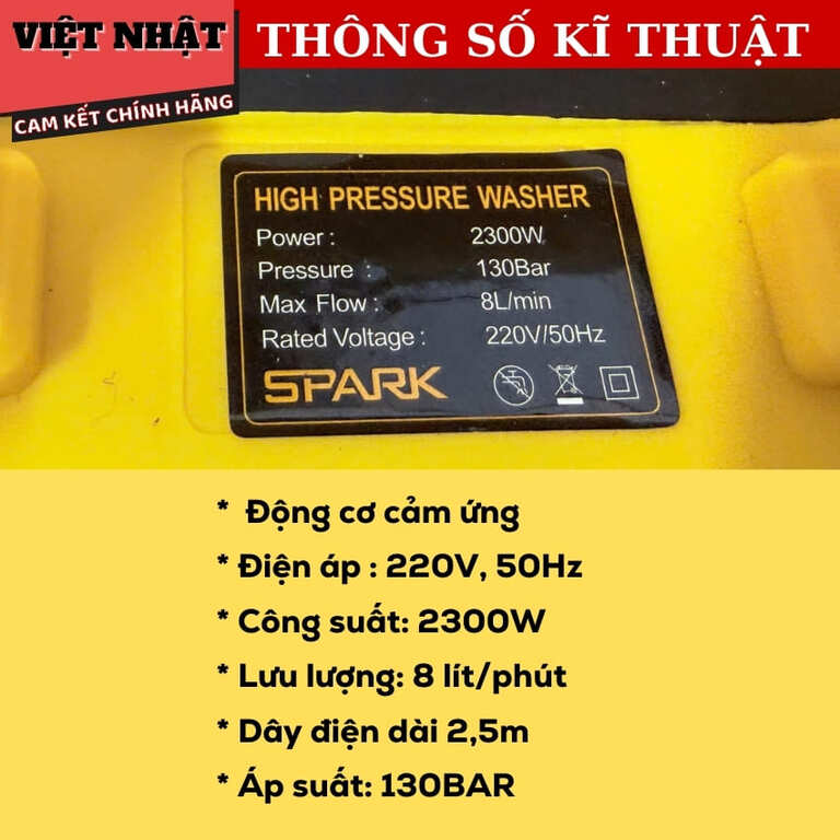 Máy rửa xe Spark A6 bảo hành 6 tháng, công suất 2300w, áp suất 130BAR, dây điện dài 15 mét a6 4