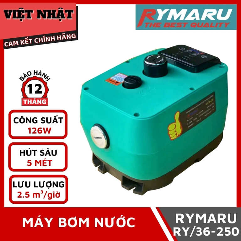 Máy bơm nước Rymaru RY/36-250, công suất 126w, hút sâu 5 mét, lưu lượng 2.5m3/h, bảo hành 12 tháng Máy bơm nước Rymaru RY/36-250, công suất 126w, hút sâu 5 mét, lưu lượng 2.5m3/h, bảo hành 12 tháng